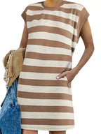 Plus size casual striped short sleeve mini dress by Trendsi, featuring a relaxed fit and stylish design.