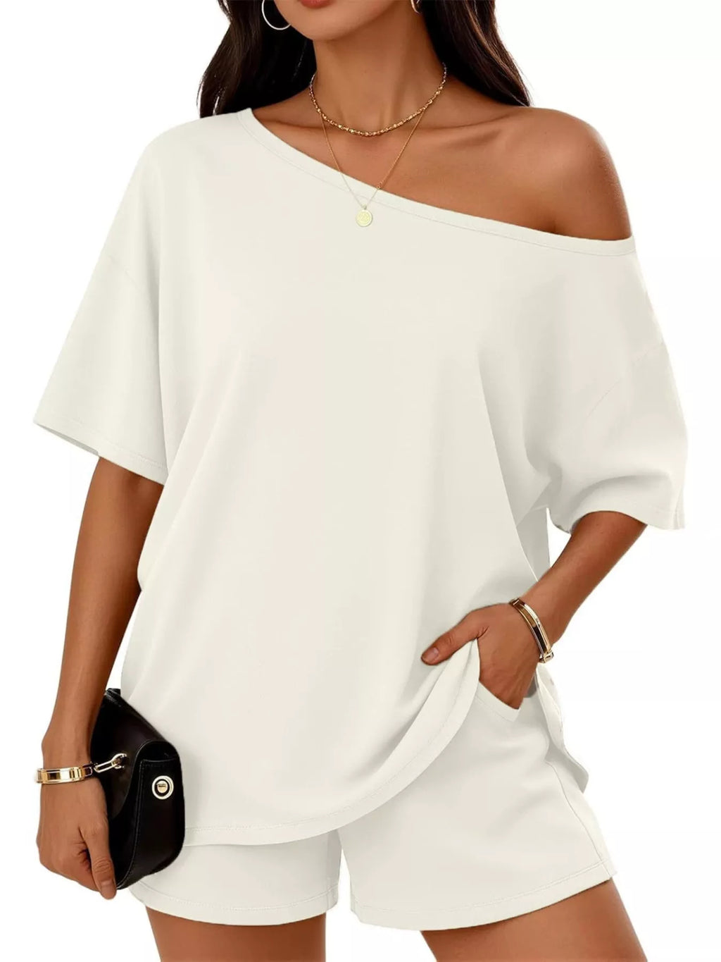 Plus size Trendsi one shoulder top and shorts set, full-body view showing stylish matching two-piece outfit.