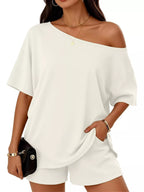 Plus size Trendsi one shoulder top and shorts set, full-body view showing stylish matching two-piece outfit.