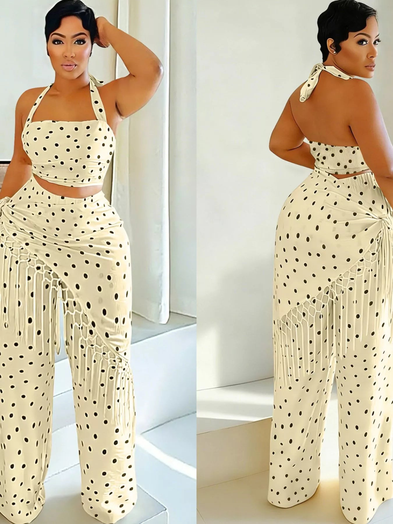 Polka dot halter neck cami and fringe trim pants set by Trendsi, featuring a stylish polka dot pattern and trendy fringe details.