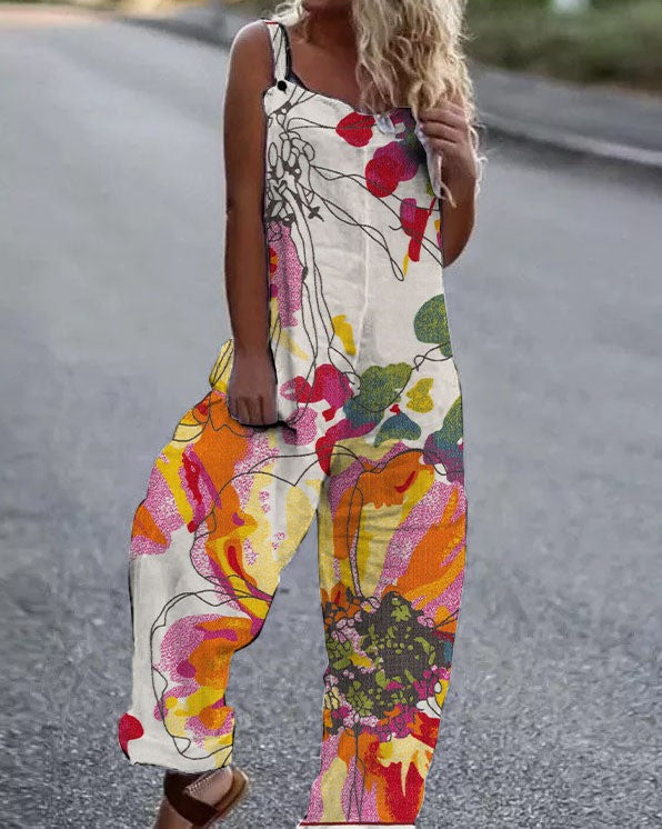 Women's butterfly print sleeveless overalls by FitiqueFit, loose fit suspender pants with side pockets and adjustable straps.