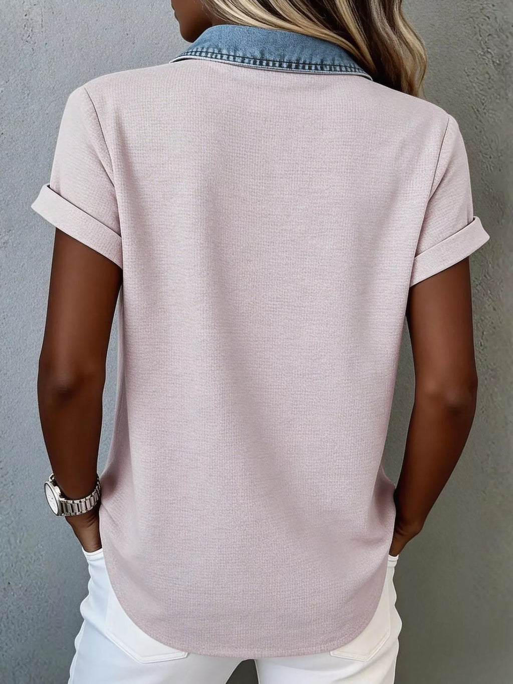 Denim trim short sleeve shirt from Trendsi featuring a casual design with denim accents on a lightweight fabric.