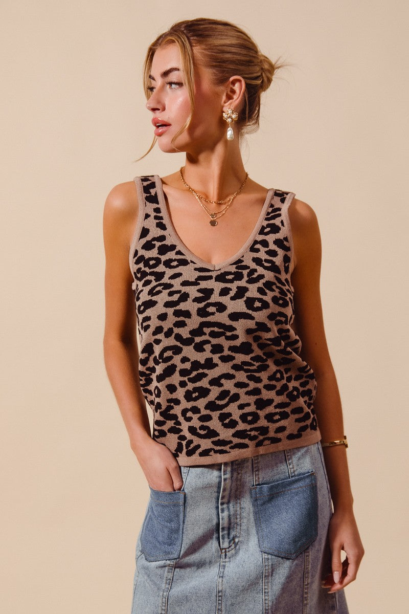 Women's leopard print lightweight V-neck knitted tank top by Trendsi, featuring a stylish leopard pattern and a comfortable fit.