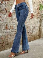Plush Fashion Shop denim bootcut jeans with five pockets, classic blue wash, and relaxed fit for casual style.