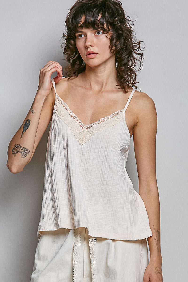 Cream-colored textured knit V-neck camisole with lace trim, sleeveless tank top from Plush Fashion Hub.