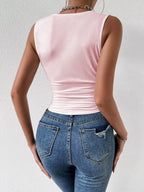 Black cowl neck tank top by Trendsi featuring a relaxed fit and flowy style, perfect for casual or layered look.