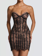 Lace detail tube mini dress by Trendsi featuring fitted silhouette and elegant lace accents, perfect for stylish evening wear.