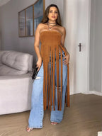 Trendsi fringe trim tube top in black with decorative fringe detail, sleeveless style, close-up shot of the fashionable top.