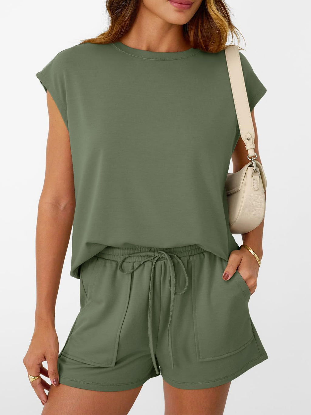 Women's soft round neck cap sleeve lounge set with drawstring shorts, stylish and comfortable 2-piece outfit by Trendsi.