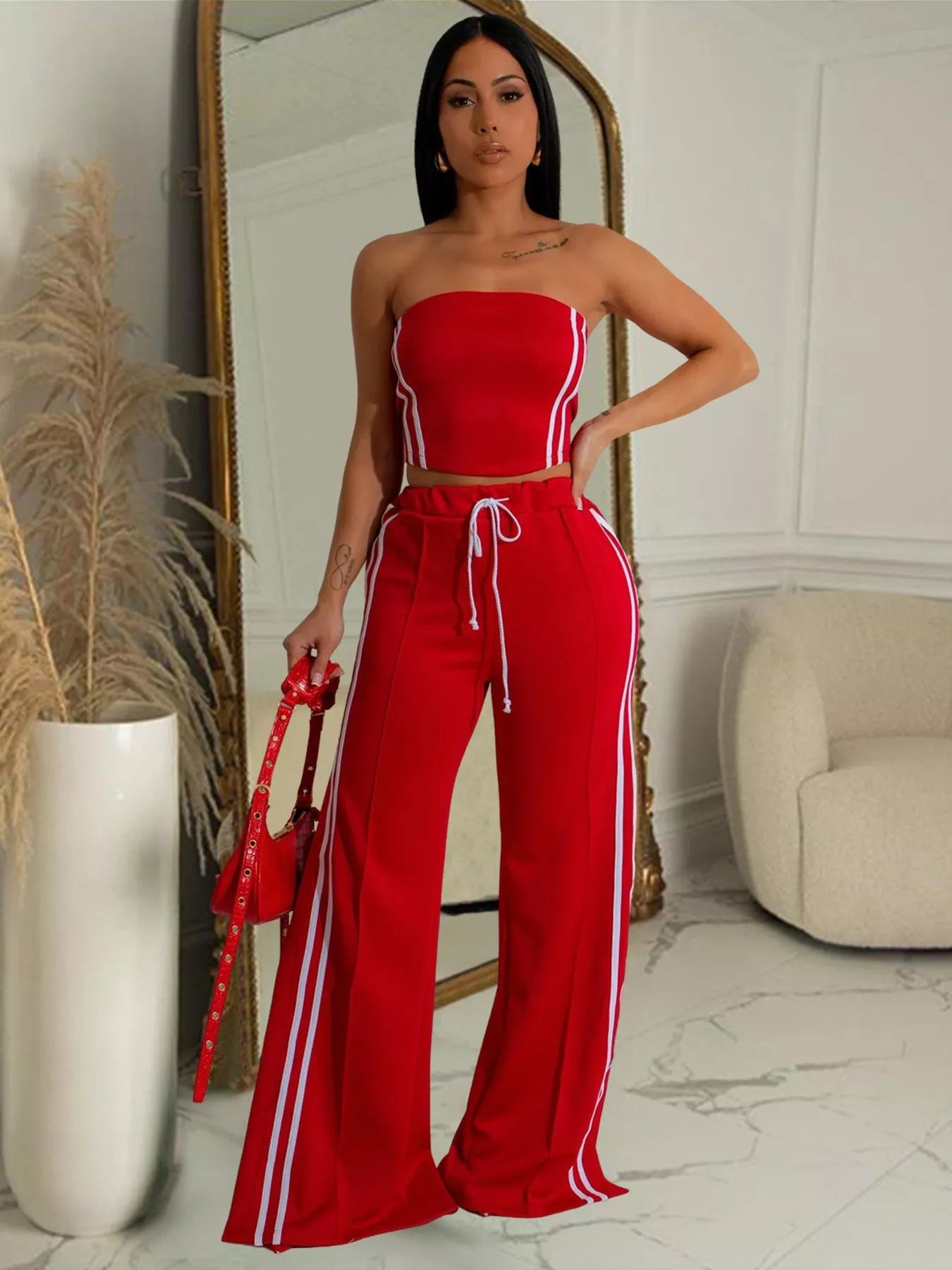 Trendsi sleeveless tube top and wide-leg pants set, stylish matching fashion outfit, black fabric, front view