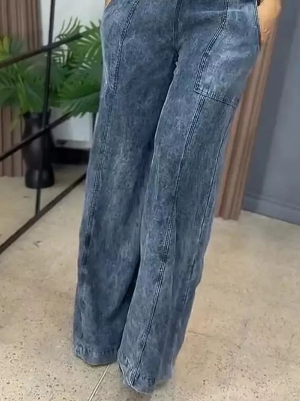 Wide leg denim overalls from Trendsi, full size one-piece jumpsuit with adjustable straps and front pockets, casual and stylish.