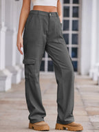 High-waisted plush denim cargo jeans with multiple pockets, styled for a casual look, from Plush Fashion Shop.