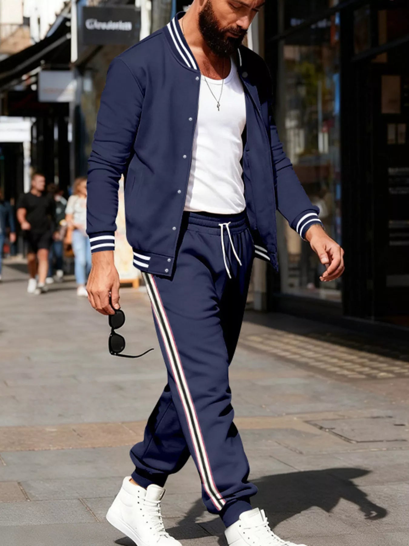 Men's plus size striped snap-down top and matching pants set from Trendsi, featuring a full-size, stylish coordinated outfit.