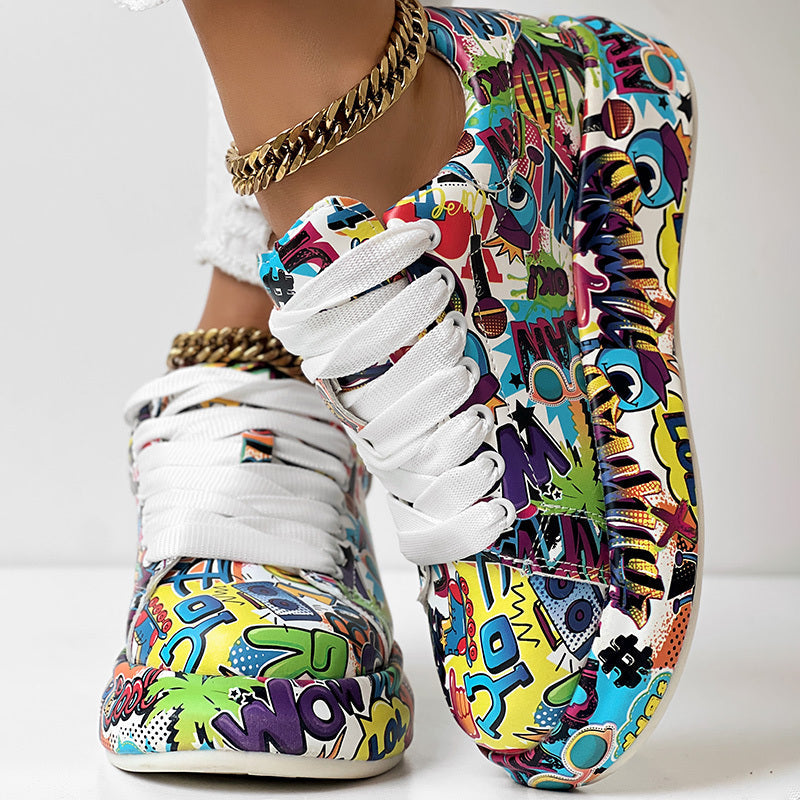 Women’s round-toe thick-sole lace-up sneakers from FitiqueFit with casual print design and sturdy footwear style.