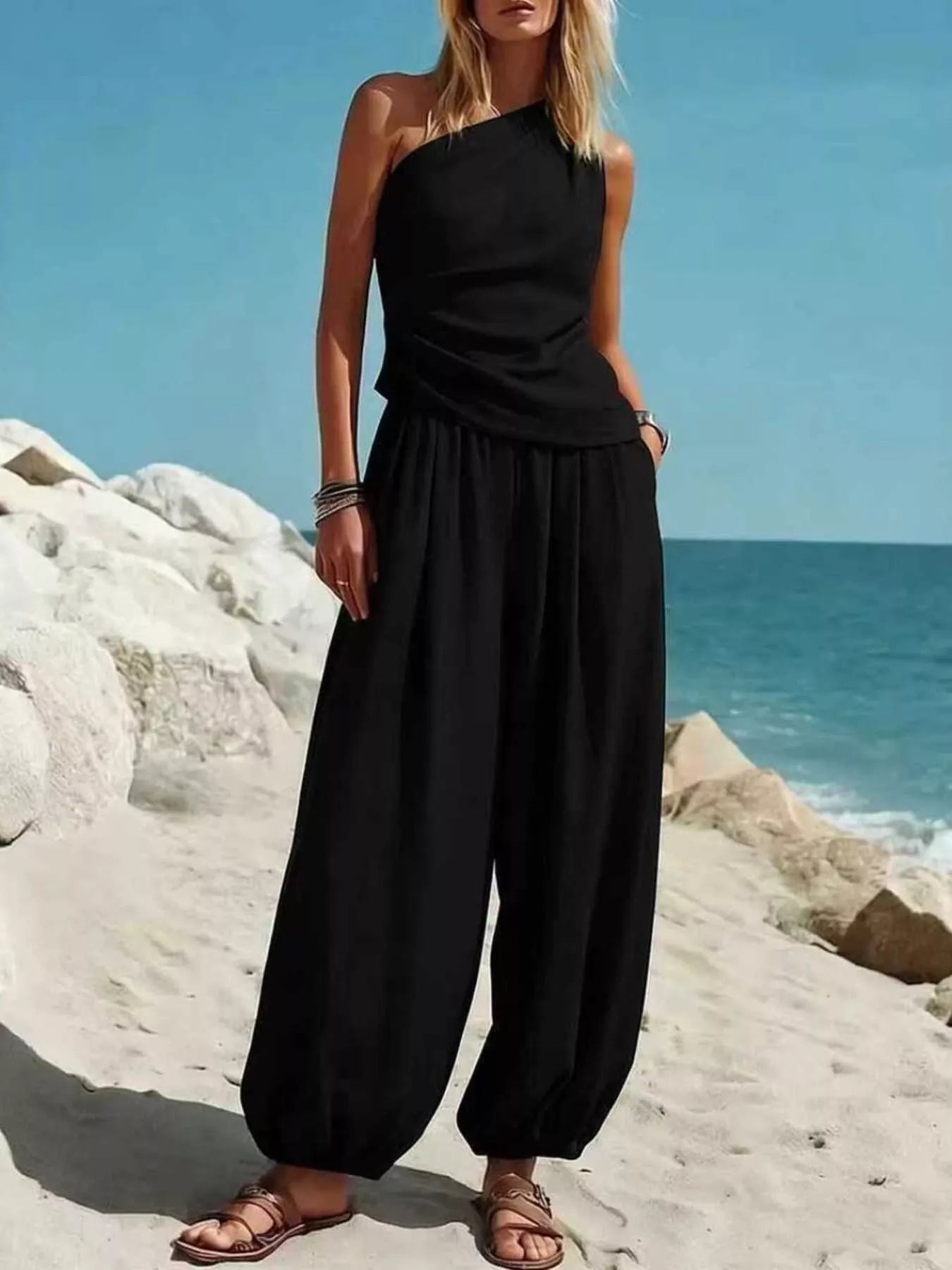 Plus size one-shoulder top and wide leg pants set by Plush Fashion Hub, featuring a stylish, coordinated piece pants set.