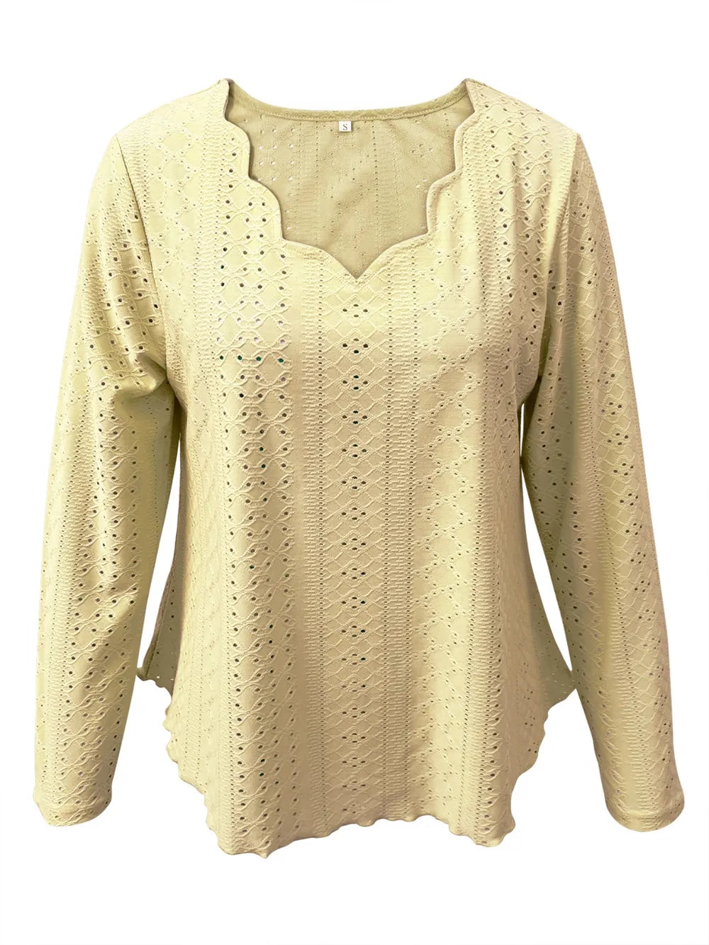 Elegant women's eyelet long sleeve blouse by Trendsi, showcasing a versatile stretchy office top with eyelet details and long sleeves.