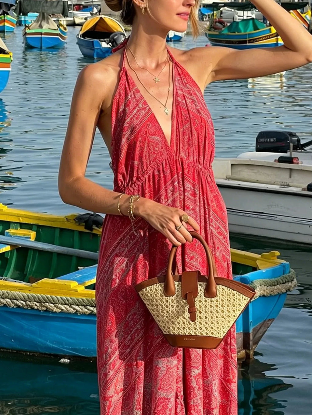 Tiered halter neck maxi dress by Trendsi featuring a flowing layered design and elegant halter neckline, perfect for summer occasions.