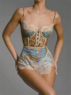 Leopard print lace trim romper by Trendsi featuring a stylish, lightweight design with ruffled details and adjustable straps.