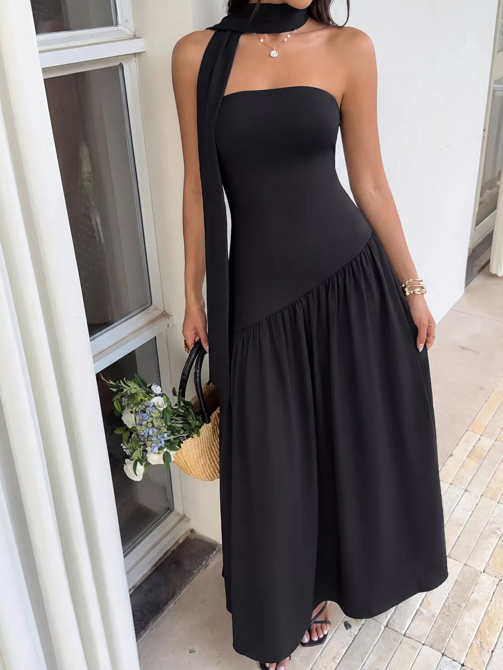 Slit tube maxi dress with matching scarf from Trendsi, featuring a flowy silhouette and stylish slit detail.