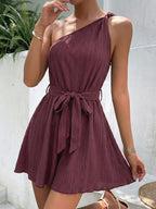 Elegant one-shoulder tie-waist jumpsuit in premium polyester, perfect for summer occasions, by Trendsi.