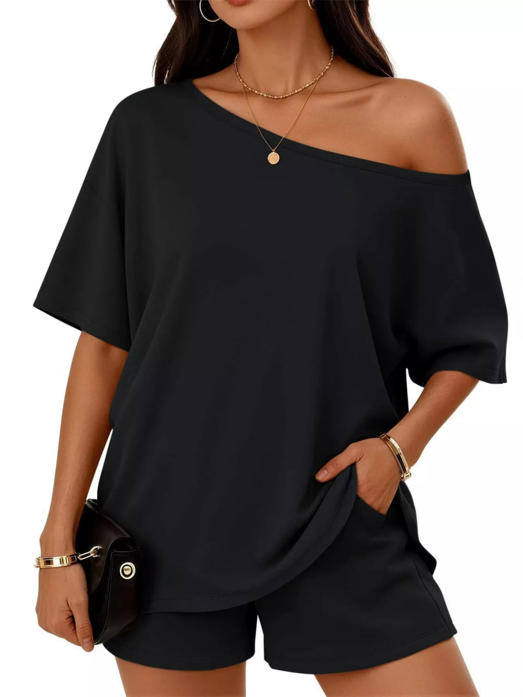 Plus size Trendsi one shoulder top and matching shorts set, featuring a stylish full-size design and trendy summer look.