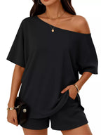Plus size Trendsi one shoulder top and matching shorts set, featuring a stylish full-size design and trendy summer look.
