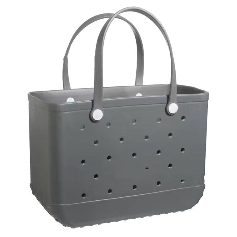 Women's waterproof EVA jelly beach bag by Plush Fashion Hub, lightweight summer tote with transparent, waterproof design and spacious interior.