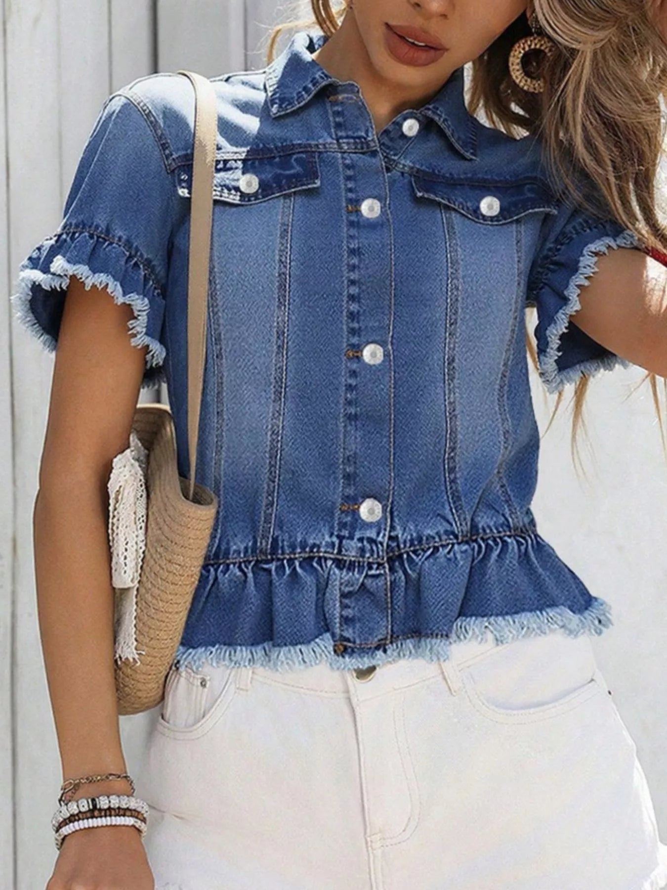 Plush Fashion Hub ruffle hem short sleeve denim jacket with stylish ruffles on the hem and classic button-up front.