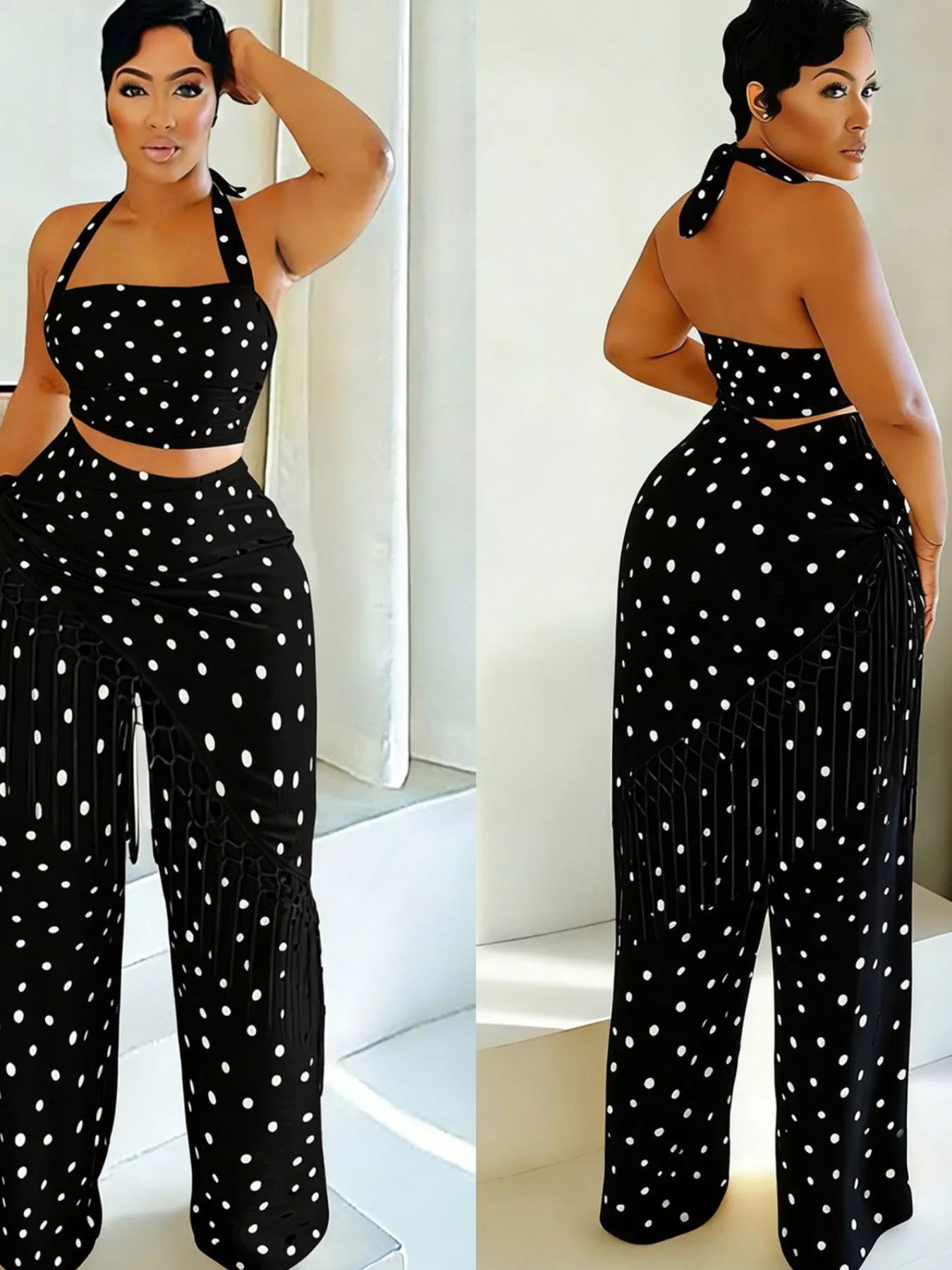Polka dot halter neck cami top and fringe trim pants set by Trendsi, featuring a stylish polka dot pattern and trendy fringe details.