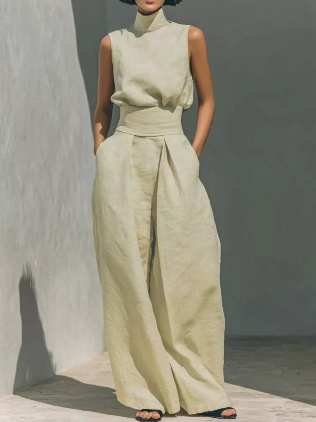 Sleeveless turtleneck top and wide-leg pants set by Trendsi, featuring a stylish, coordinated outfit with a modern silhouette.