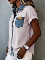 Denim trim short sleeve shirt from Trendsi, featuring a casual design with denim accents and a comfortable fit.