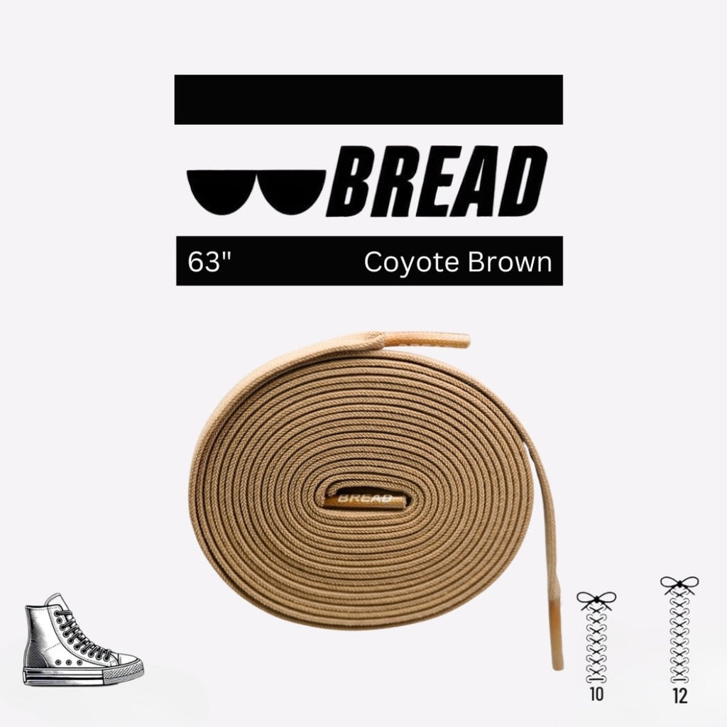 A coiled, 63-inch coyote brown flat shoelace with "BREAD" branded aglets against a white background.