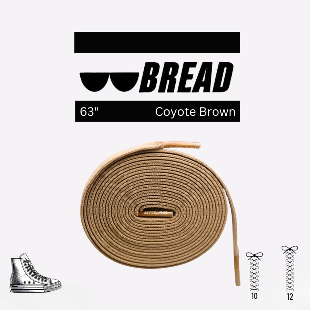 A coiled, 63-inch coyote brown flat shoelace with "BREAD" branded aglets against a white background.