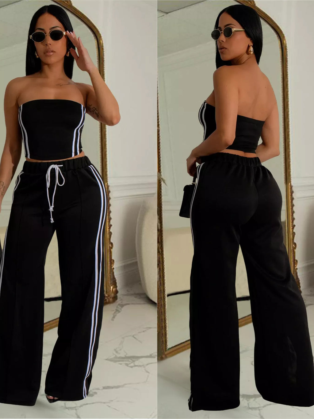 Sleeveless tube top and wide-leg pants set by Trendsi, featuring a stylish matching two-piece outfit with a fitted top and flowy pants.