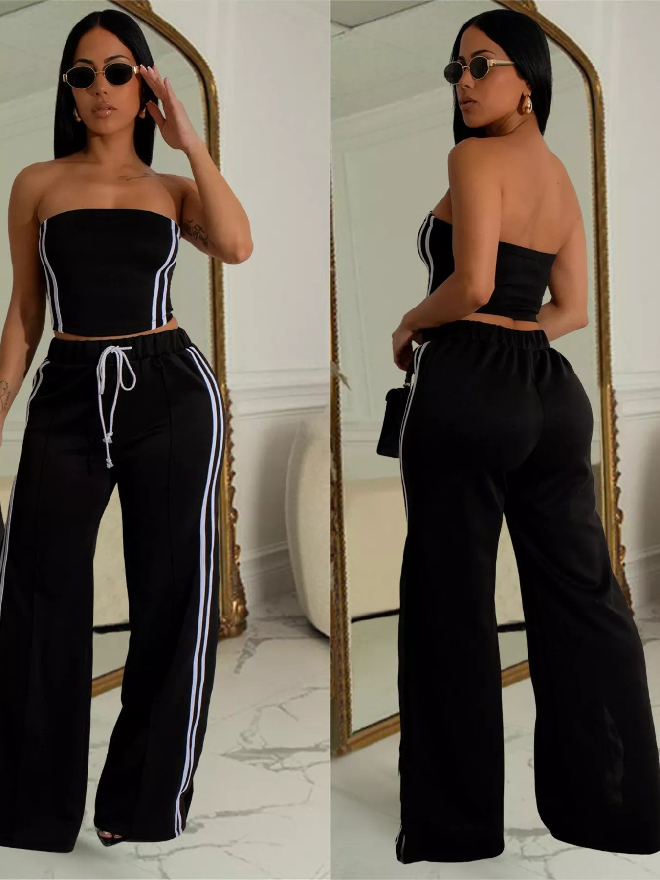 Sleeveless tube top and wide-leg pants set by Trendsi, featuring a stylish matching two-piece outfit with a fitted top and flowy pants.