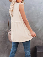V-neck waffle knit tank top with contrast stitching, featuring a relaxed fit and sleeveless design from Trendsi.