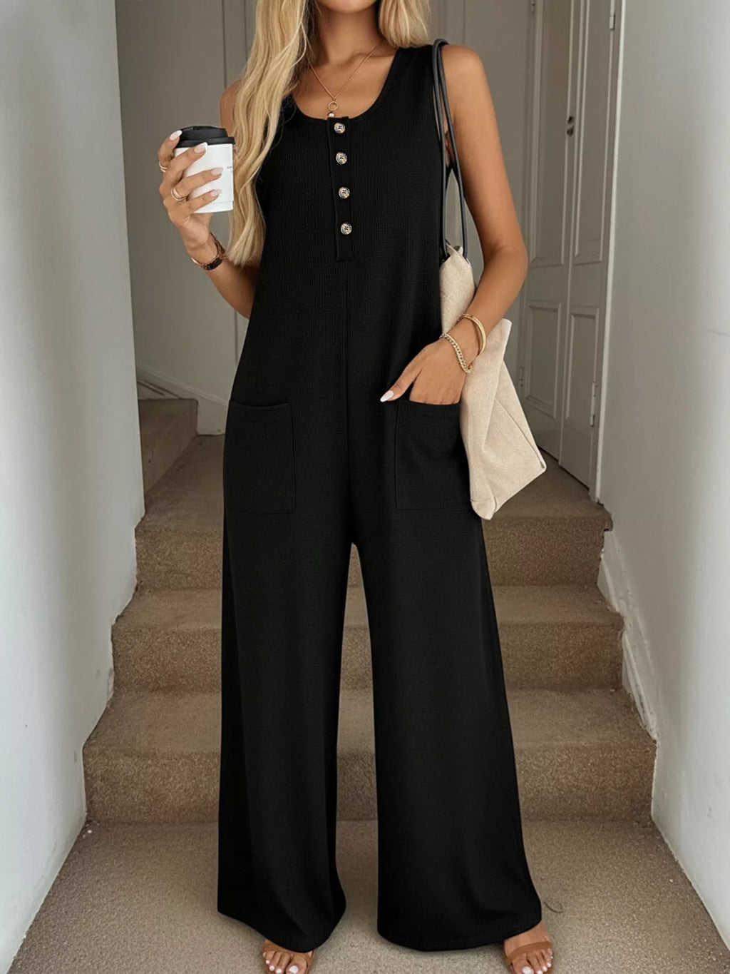 Sleeveless button-front wide-leg jumpsuit by Trendsi, featuring a comfortable and chic design with a stylish romper silhouette.