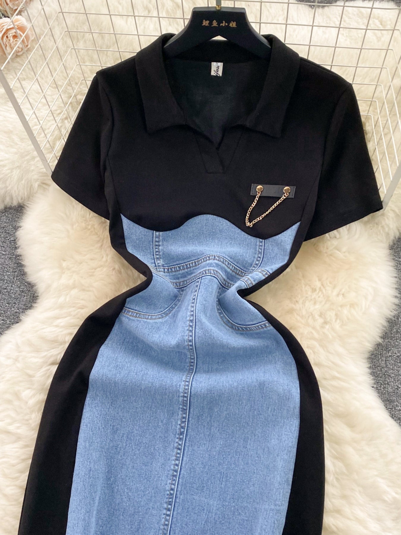 Color block denim patchwork bodycon mini dress from Trendsi featuring a fitted silhouette and vibrant patchwork design.