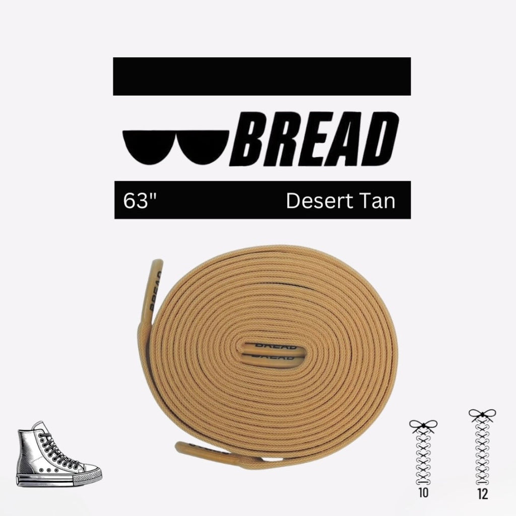63-inch flat sneaker laces in desert tan, coiled with branded plastic aglets. Includes a high-top sneaker illustration.