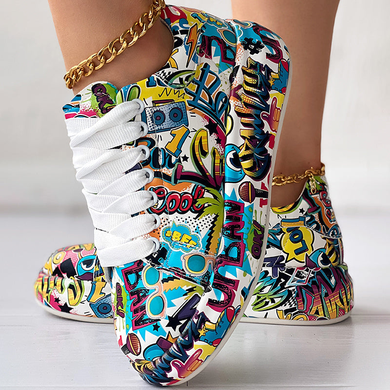 Women's FitiqueFit round-toe lace-up sneakers with thick soles and casual printed design, stylish footwear for everyday wear.