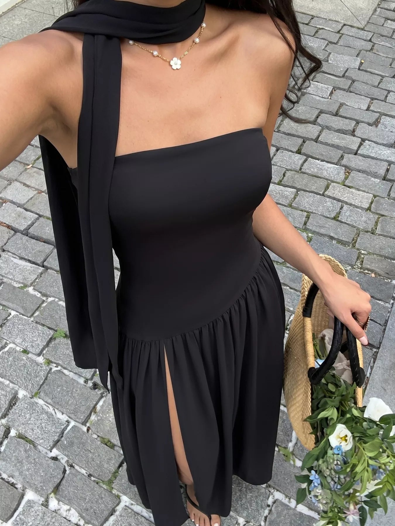 Maxi dress with slit and attached scarf in flowy fabric, designed by Trendsi, perfect for elegant summer or evening wear.