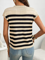 Women's striped knit cap sleeve sweater with pocket detail, featuring a trendy and comfortable design by Trendsi.