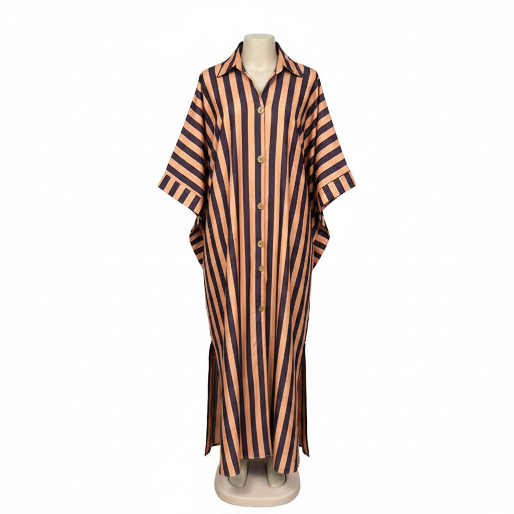 African-inspired striped loose long dress by FitiqueFit, available in five colors, featuring a relaxed fit and casual style.