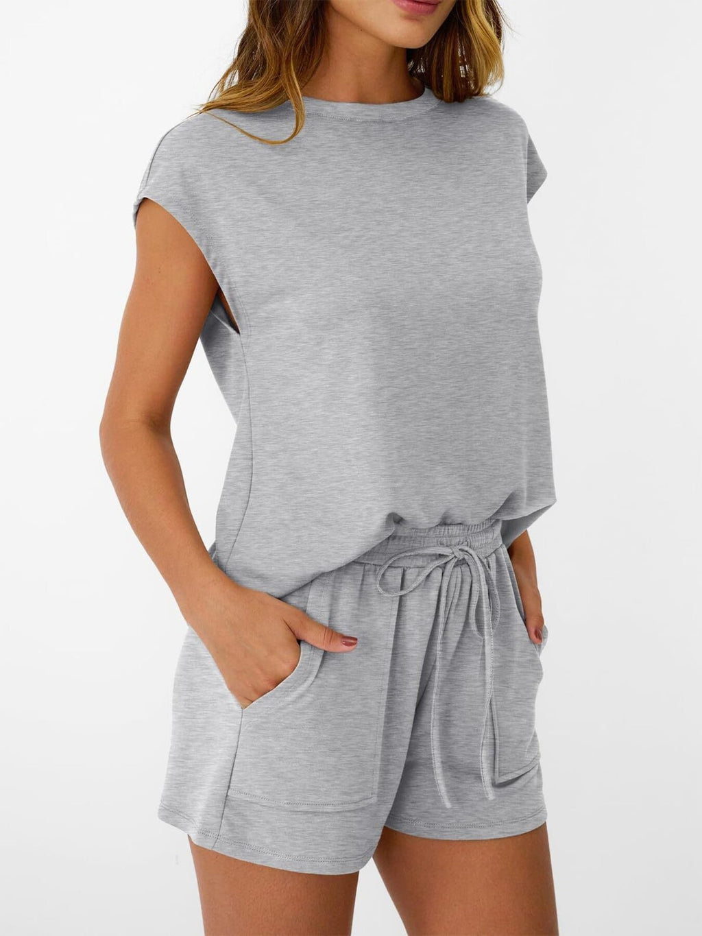 Women's soft round neck cap sleeve lounge set with drawstring shorts, comfortable 2-piece outfit by Trendsi.