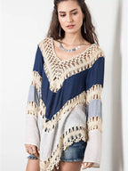 Crochet-trimmed long sleeve cover-up from Trendsi featuring lightweight fabric and intricate crochet detailing.