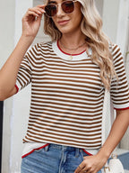 Striped casual T-shirt with contrast trim, featuring a relaxed fit and short sleeves, from Trendsi.