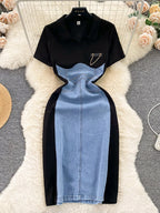 Color block denim patchwork bodycon mini dress by Trendsi featuring vibrant color blocks and fitted silhouette.