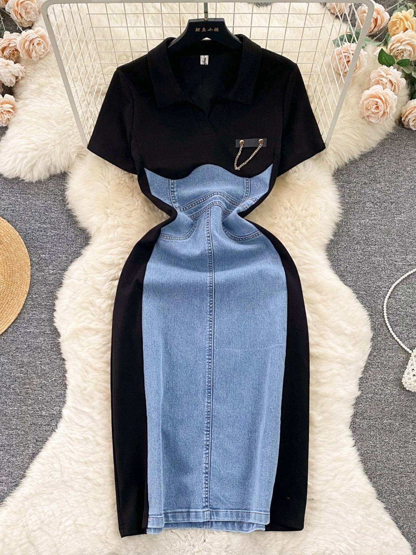 Color block denim patchwork bodycon mini dress by Trendsi featuring vibrant color blocks and fitted silhouette.