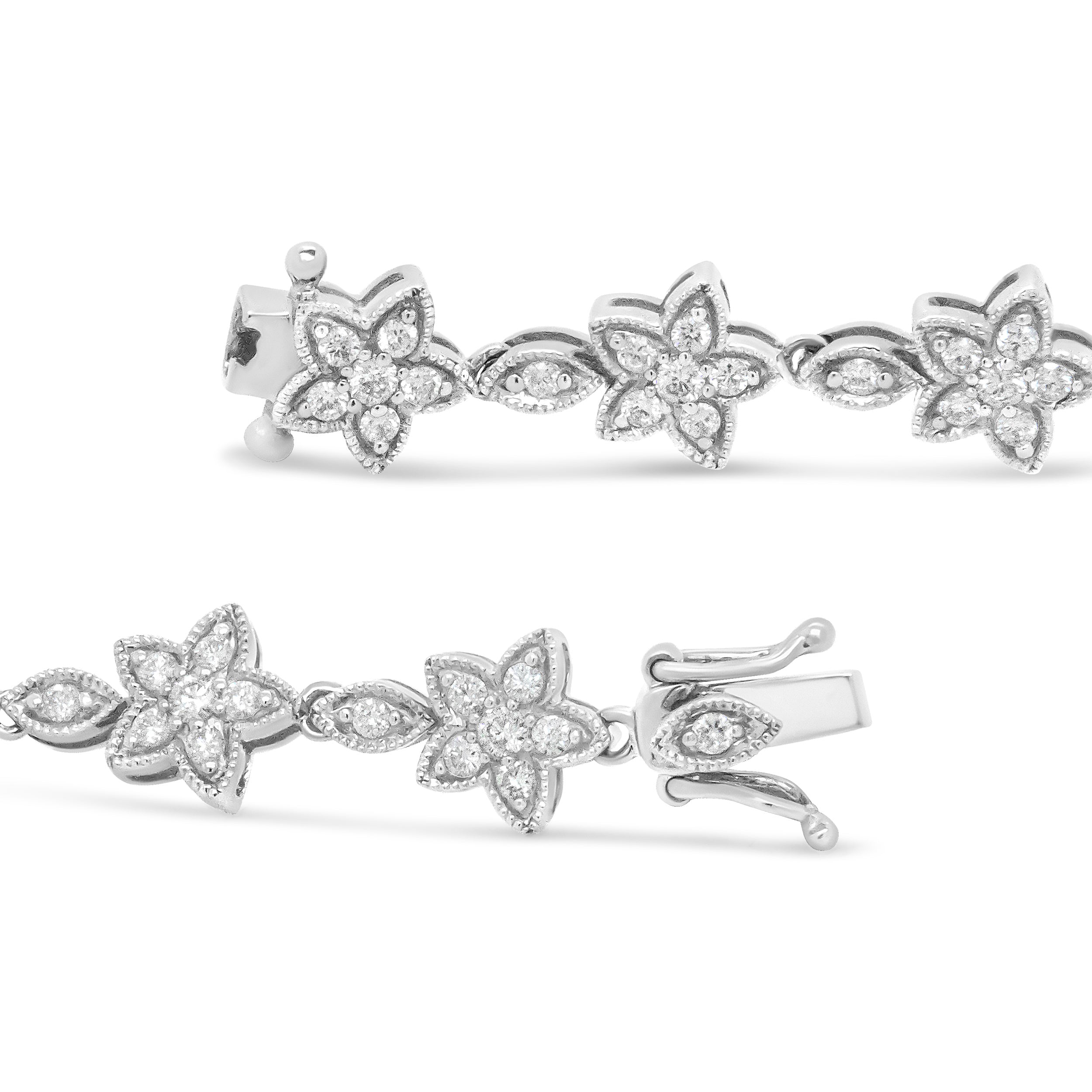 14K White Gold 1 1/5 Cttw Round Diamond Flower Blossom Link Bracelet (H-I Color, SI1-SI2 Clarity) - Size 7"