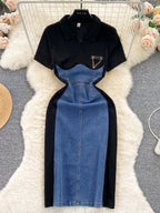 Color block denim patchwork bodycon mini dress by Trendsi featuring a fitted silhouette and vibrant patchwork design.